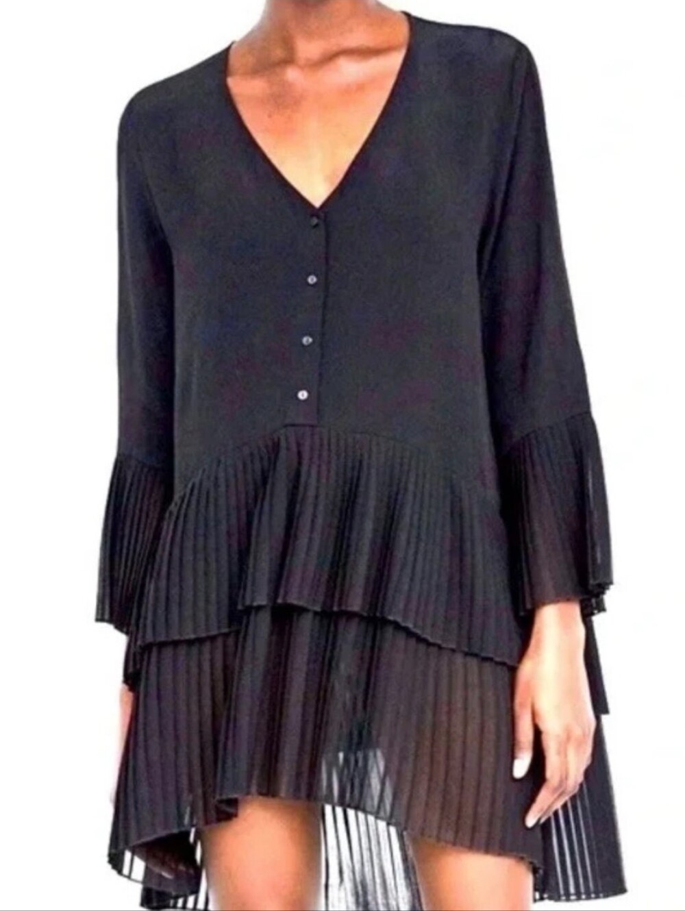 Zara Tiered Pleated Chiffon Black Tunic/Drees Size Medium